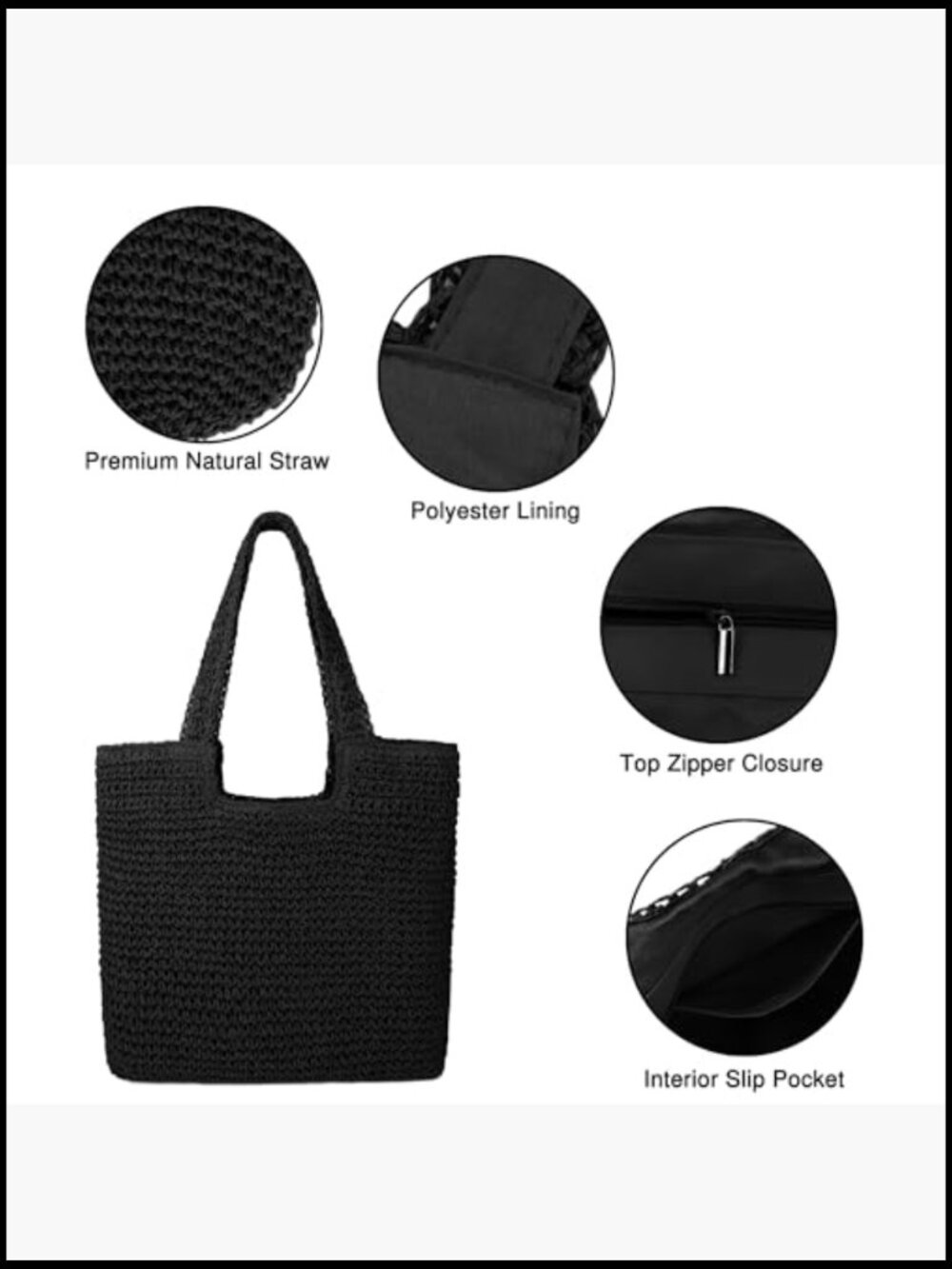 Large Straw Beach Bag Handwoven Woven Shoulder Hobo Tote Summer Handbag - Picture 3 of 6